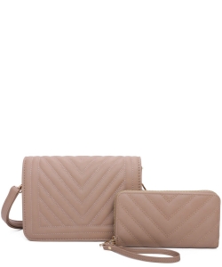 Chevron Quilted Flap 2 in 1 Crossbody Bag Set VZ366S2 STONE